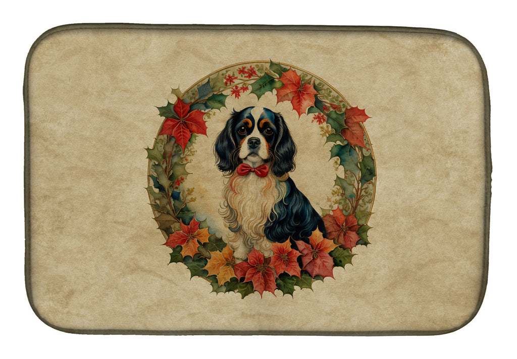 Cavalier Spaniel Christmas Flowers Dish Drying Mat Absorbent Dish Drying Mat Pad for Kitchen Counter Dish Drainer Mat for Countertop, 14 x 21", Multicolor