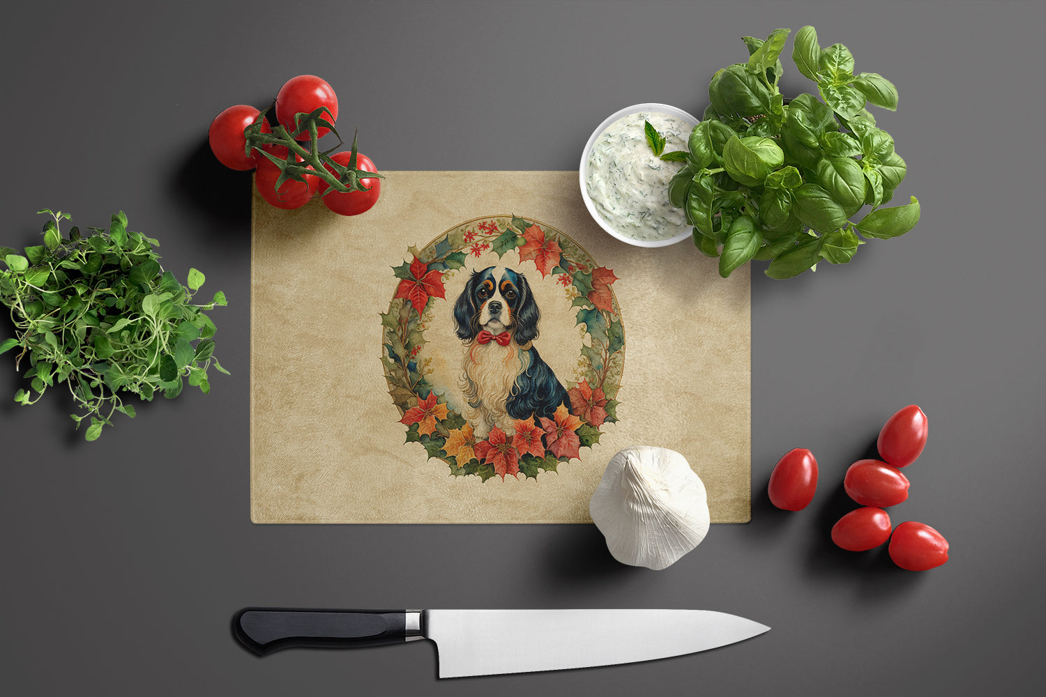 Cavalier Spaniel Christmas Flowers Cutting Board Tempered Glass Kitchen Cutting Surface, Heat Resistant Chopping, Non-Slip Feet, Food Prep & Serving