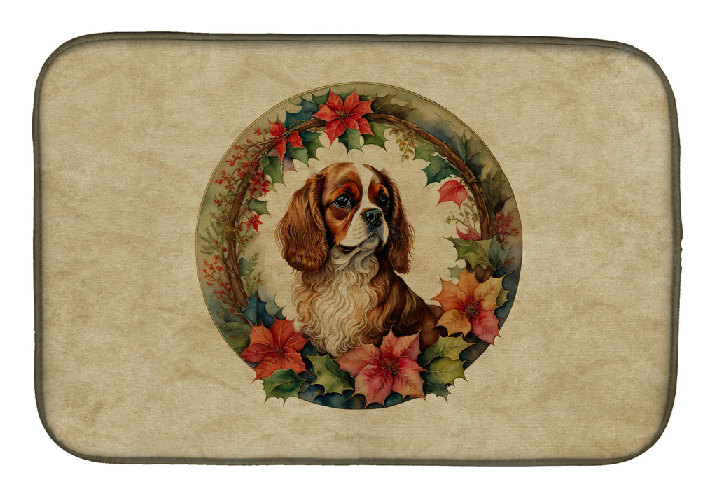 Cavalier Spaniel Christmas Flowers Dish Drying Mat Absorbent Dish Drying Mat Pad for Kitchen Counter Dish Drainer Mat for Countertop, 14 x 21", Multicolor