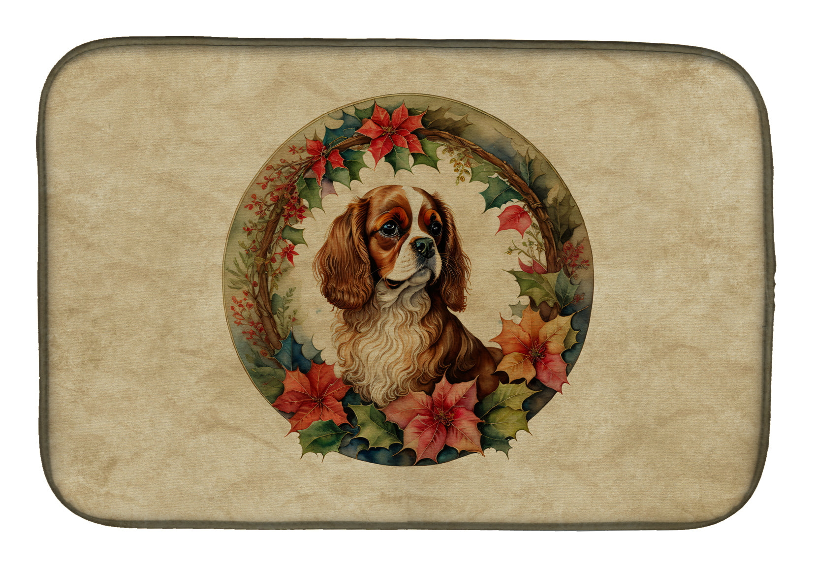 Cavalier Spaniel Christmas Flowers Dish Drying Mat Absorbent Dish Drying Mat Pad for Kitchen Counter Dish Drainer Mat for Countertop, 14 x 21", Multicolor