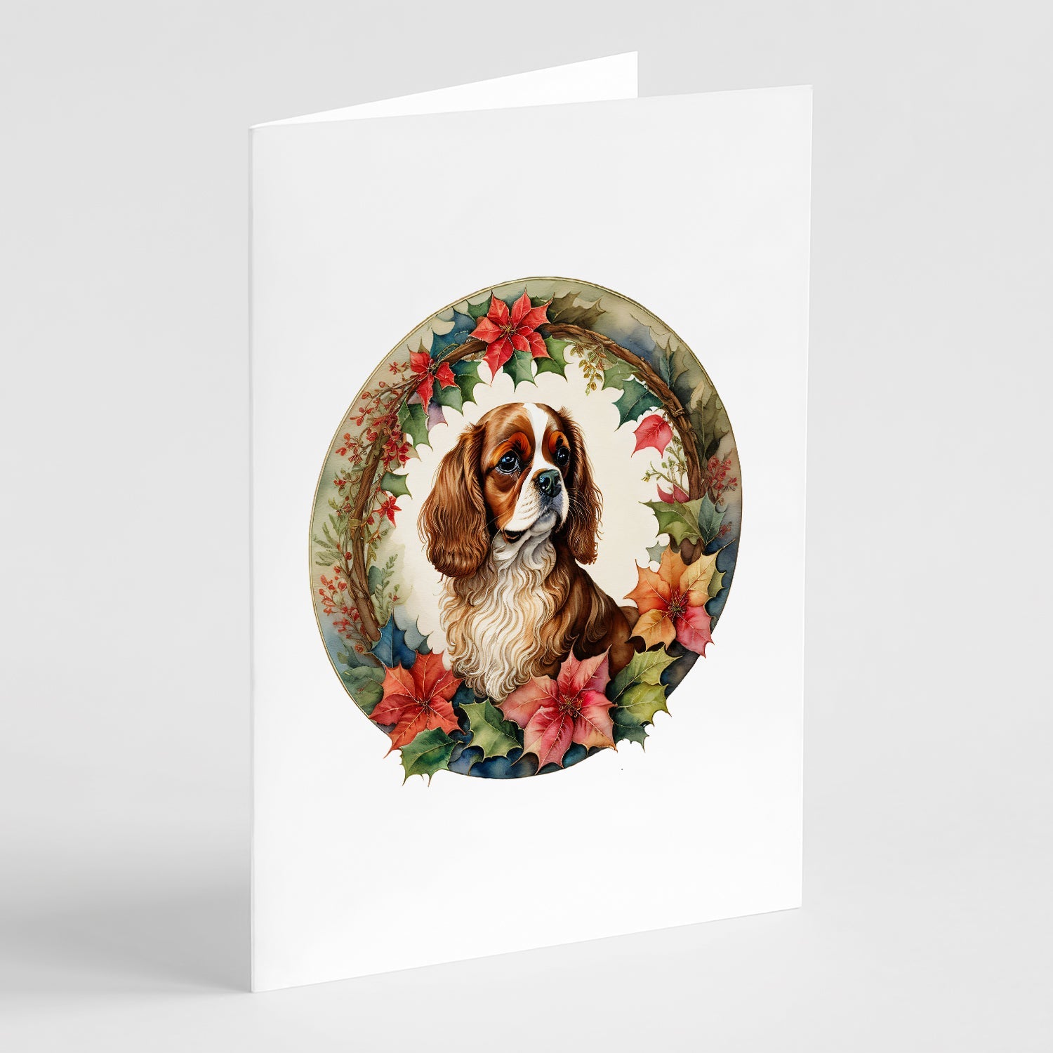 Cavalier Spaniel Christmas Flowers Greeting Cards Pack of 8 Blank Cards with Envelopes Whimsical A7 Size 5x7