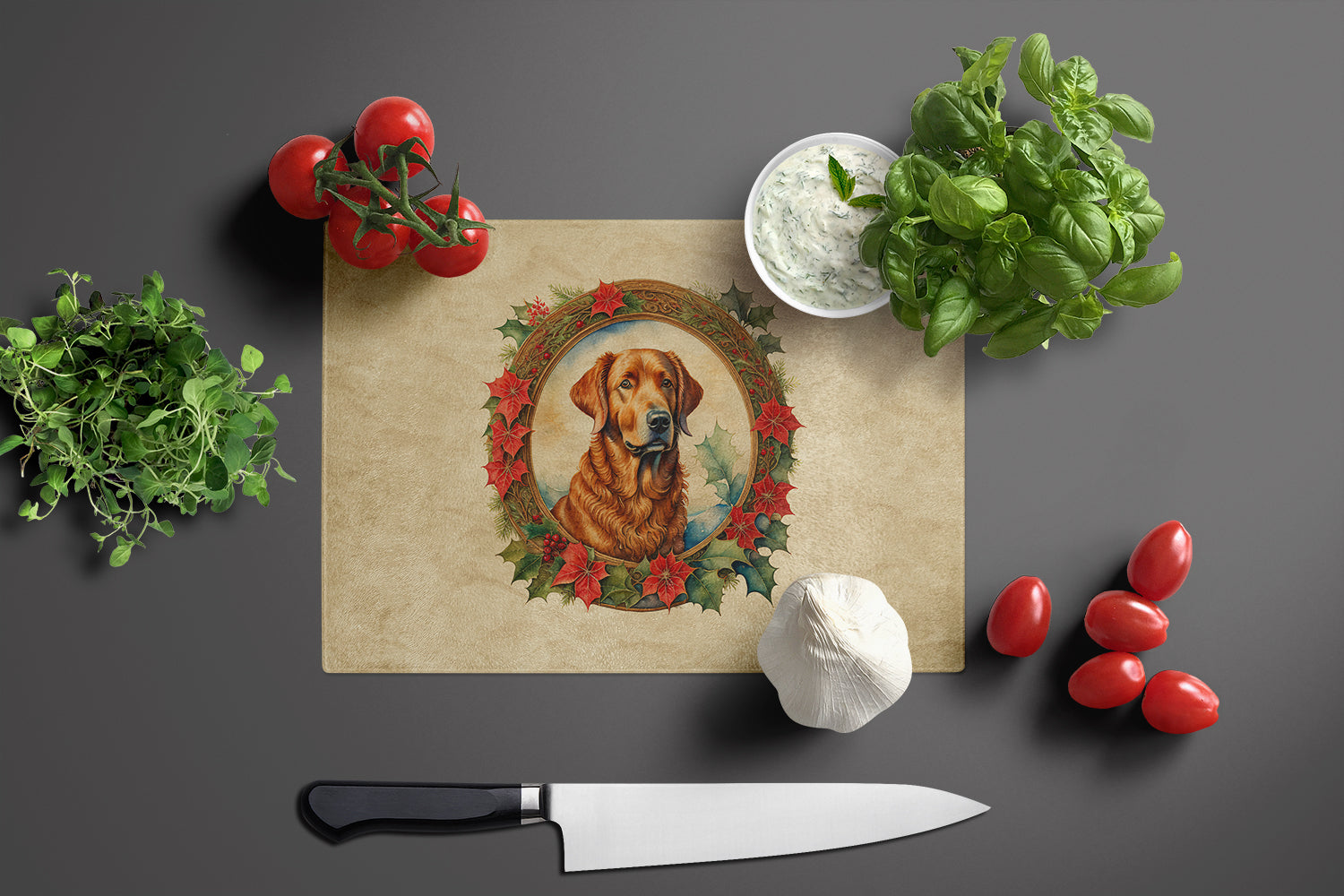 Chesapeake Bay Retriever Christmas Flowers Cutting Board Tempered Glass Kitchen Cutting Surface, Heat Resistant Chopping, Non-Slip Feet, Food Prep & Serving