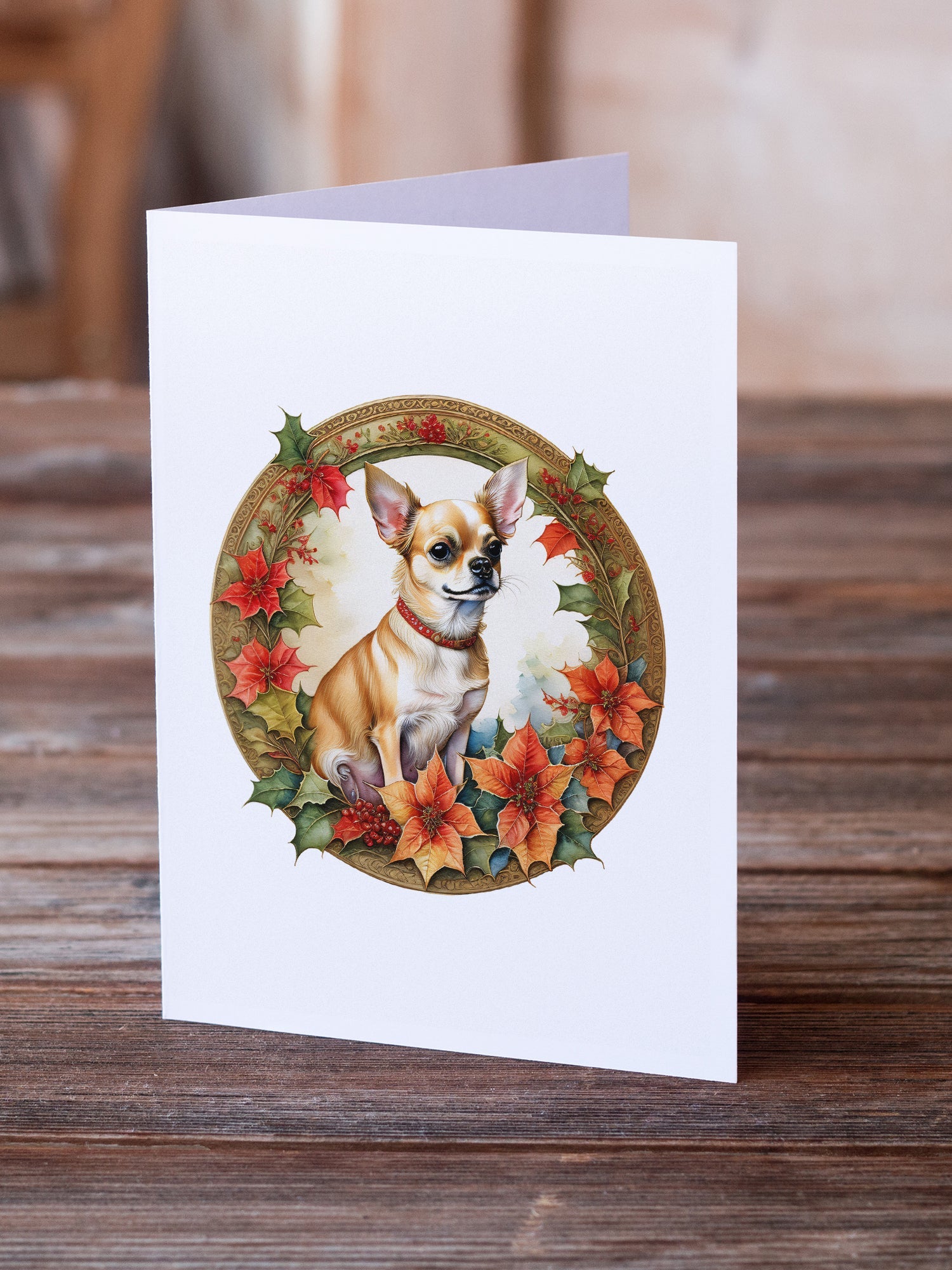 Chihuahua Christmas Flowers Greeting Cards Pack of 8 Blank Cards with Envelopes Whimsical A7 Size 5x7