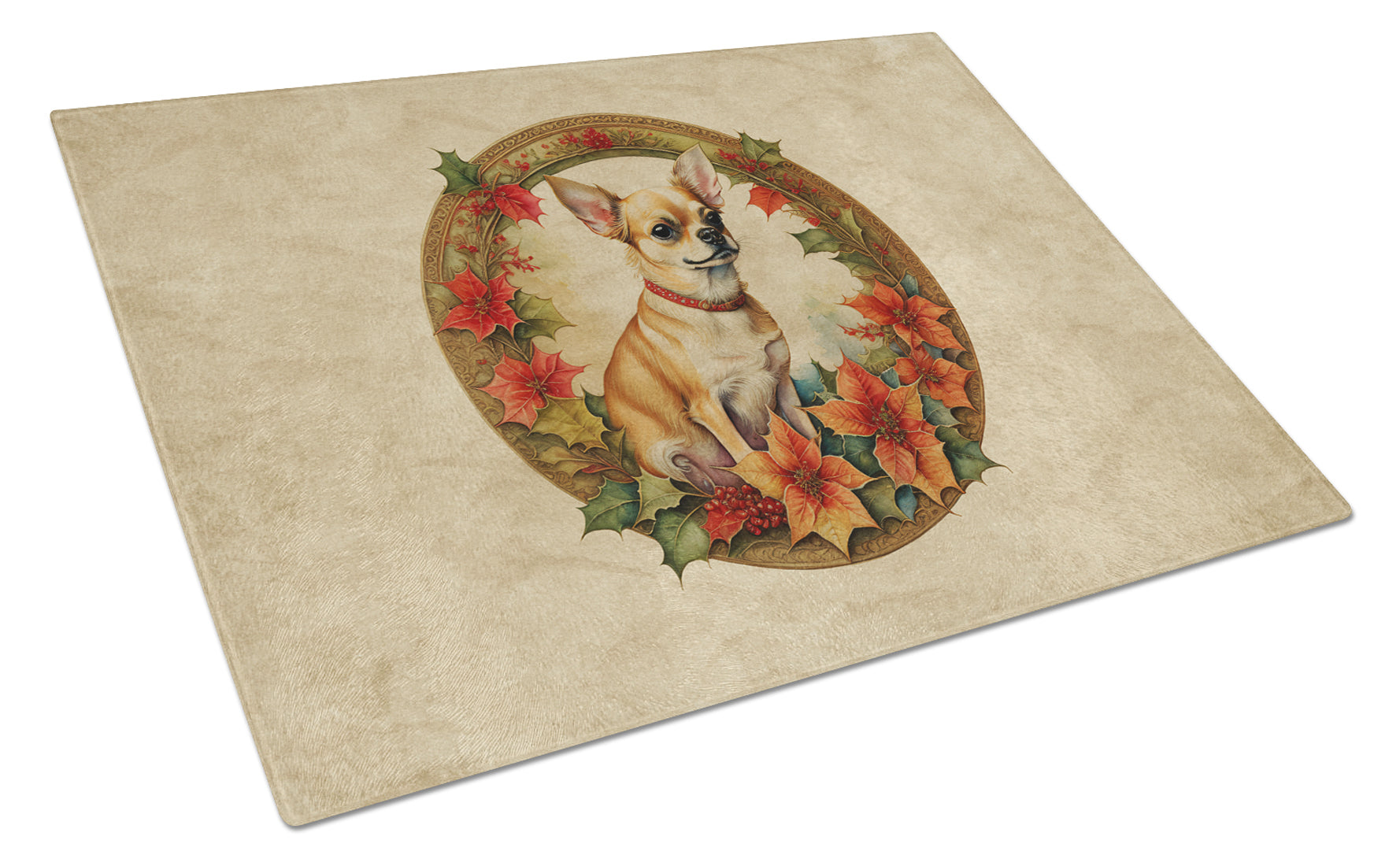 Chihuahua Christmas Flowers Cutting Board Tempered Glass Kitchen Cutting Surface, Heat Resistant Chopping, Non-Slip Feet, Food Prep & Serving