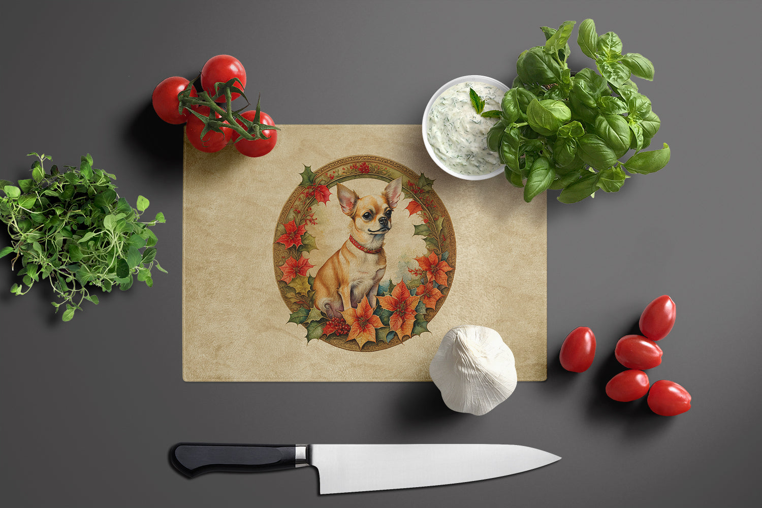 Chihuahua Christmas Flowers Cutting Board Tempered Glass Kitchen Cutting Surface, Heat Resistant Chopping, Non-Slip Feet, Food Prep & Serving