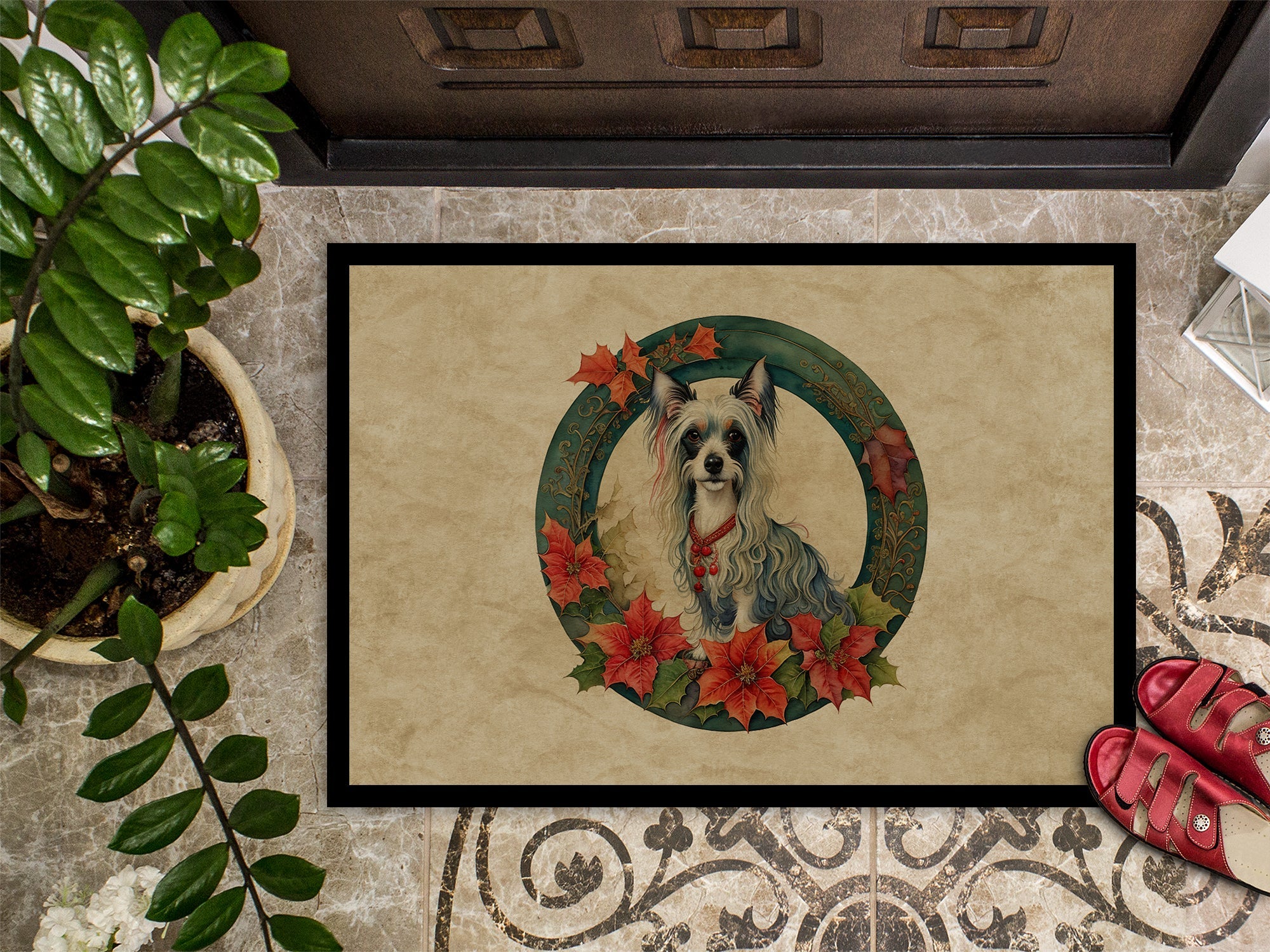 Chinese Crested Christmas Flowers Doormat Indoor Outdoor 24H X 36W Front Door Mat Rugs for Entryway, Non Slip Washable Low Pile,