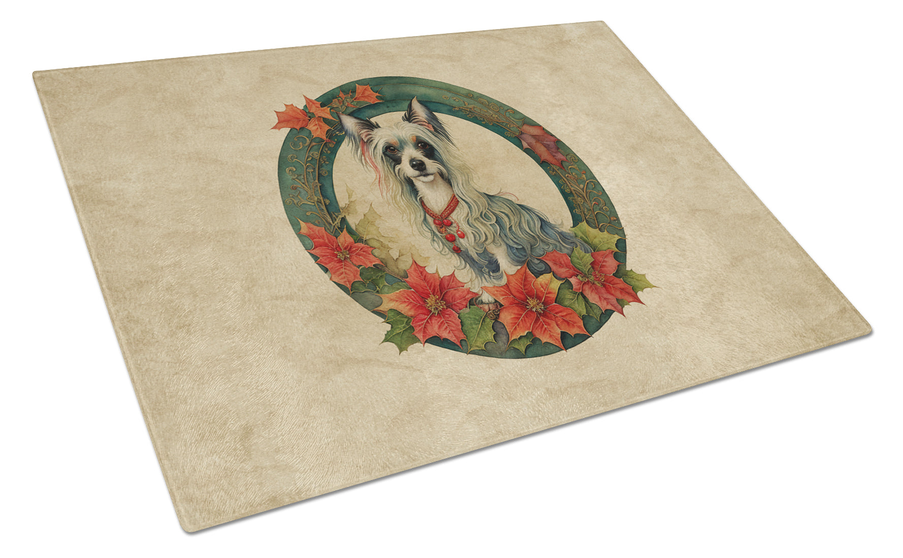 Chinese Crested Christmas Flowers Cutting Board Tempered Glass Kitchen Cutting Surface, Heat Resistant Chopping, Non-Slip Feet, Food Prep & Serving