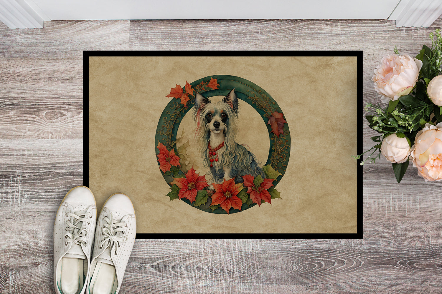 Chinese Crested Christmas Flowers Doormat Indoor Outdoor 18H X 27W Front Door Mat Rugs for Entryway, Non Slip Washable