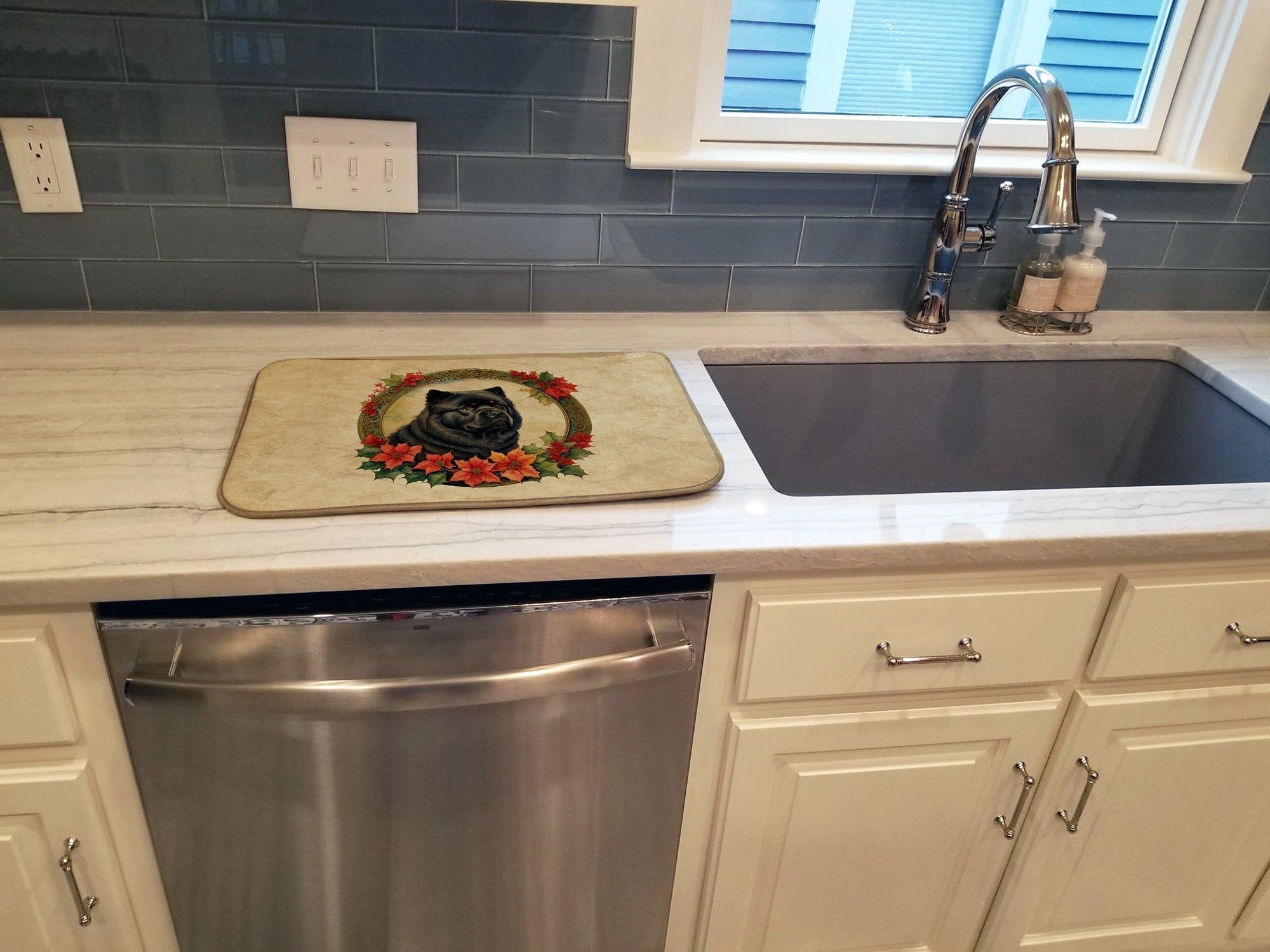 Chow Chow Christmas Flowers Dish Drying Mat Absorbent Dish Drying Mat Pad for Kitchen Counter Dish Drainer Mat for Countertop, 14 x 21", Multicolor
