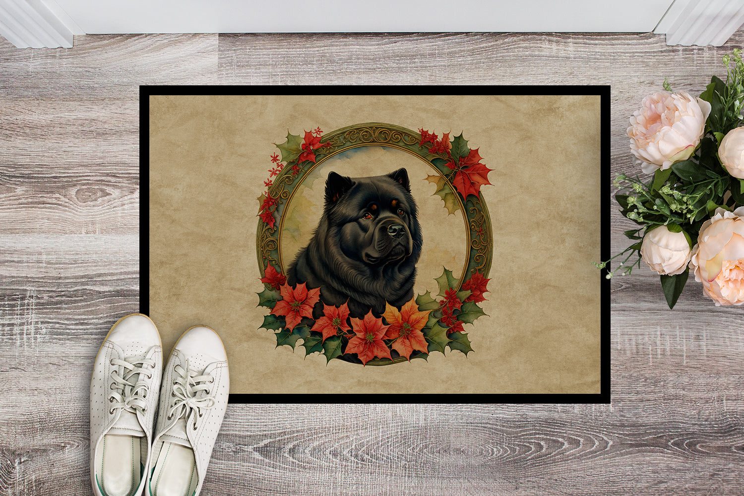 Chow Chow Christmas Flowers Doormat Indoor Outdoor 18H X 27W Front Door Mat Rugs for Entryway, Non Slip Washable
