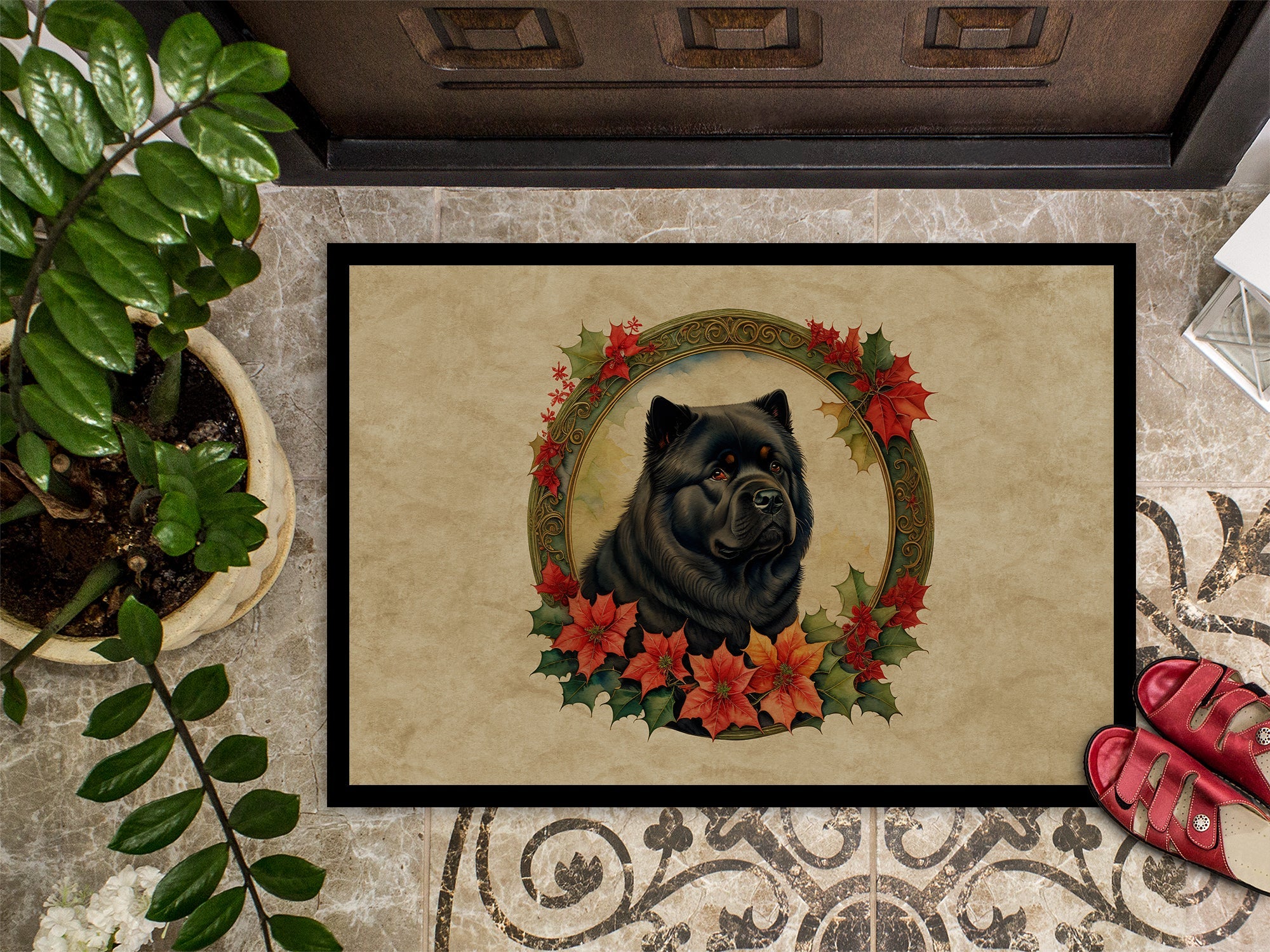 Chow Chow Christmas Flowers Doormat Indoor Outdoor 18H X 27W Front Door Mat Rugs for Entryway, Non Slip Washable