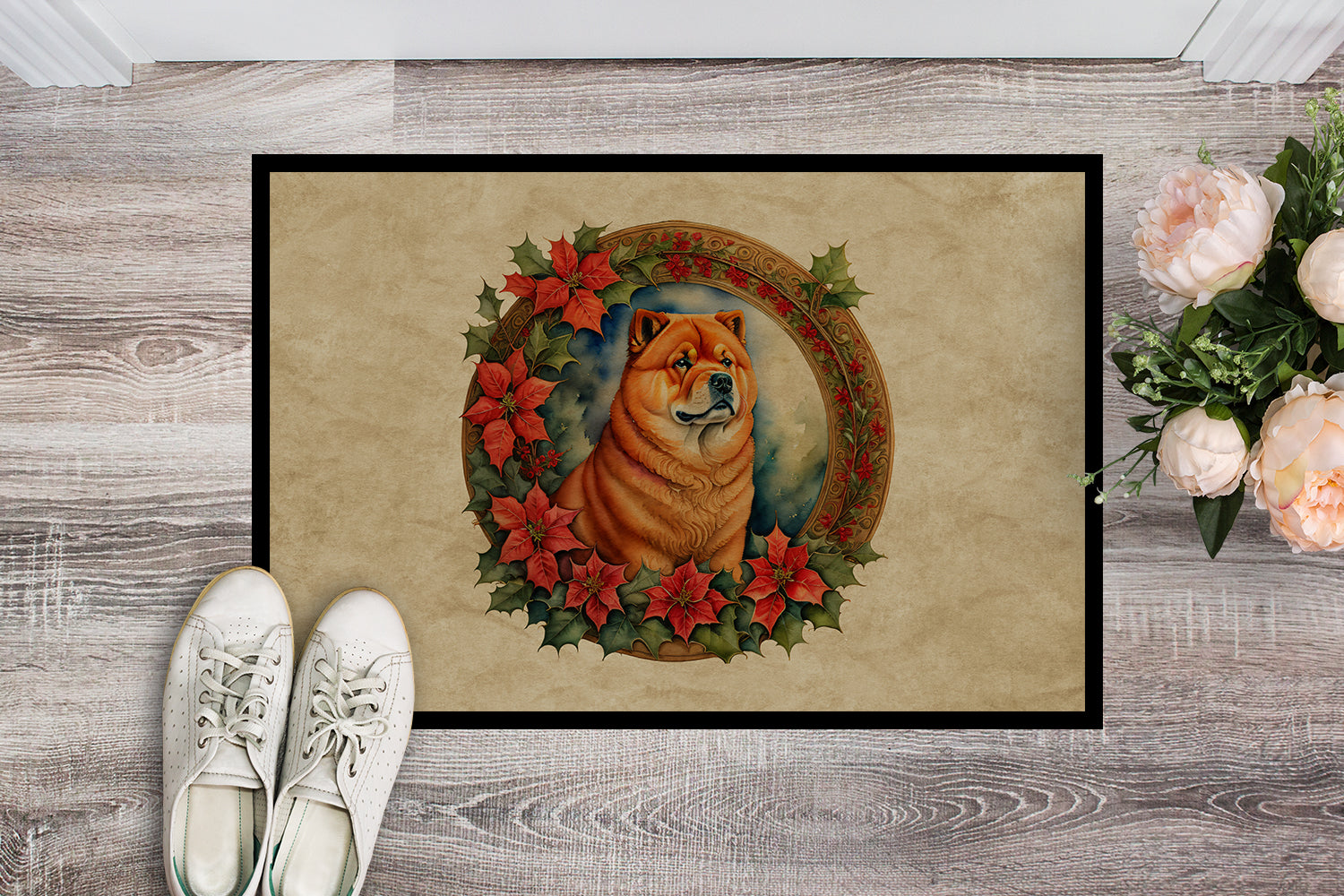 Chow Chow Christmas Flowers Doormat Indoor Outdoor 18H X 27W Front Door Mat Rugs for Entryway, Non Slip Washable