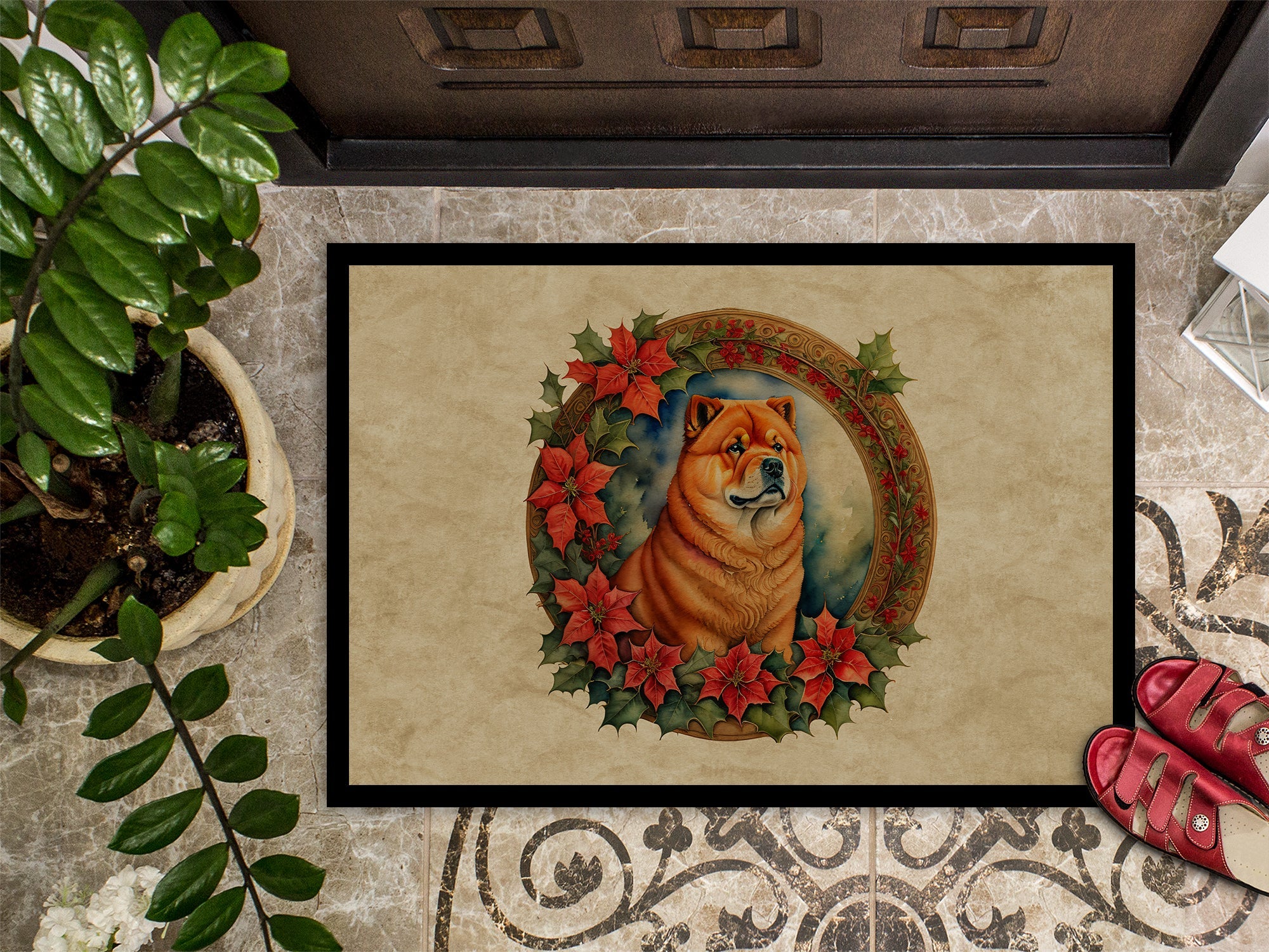Chow Chow Christmas Flowers Doormat Indoor Outdoor 18H X 27W Front Door Mat Rugs for Entryway, Non Slip Washable