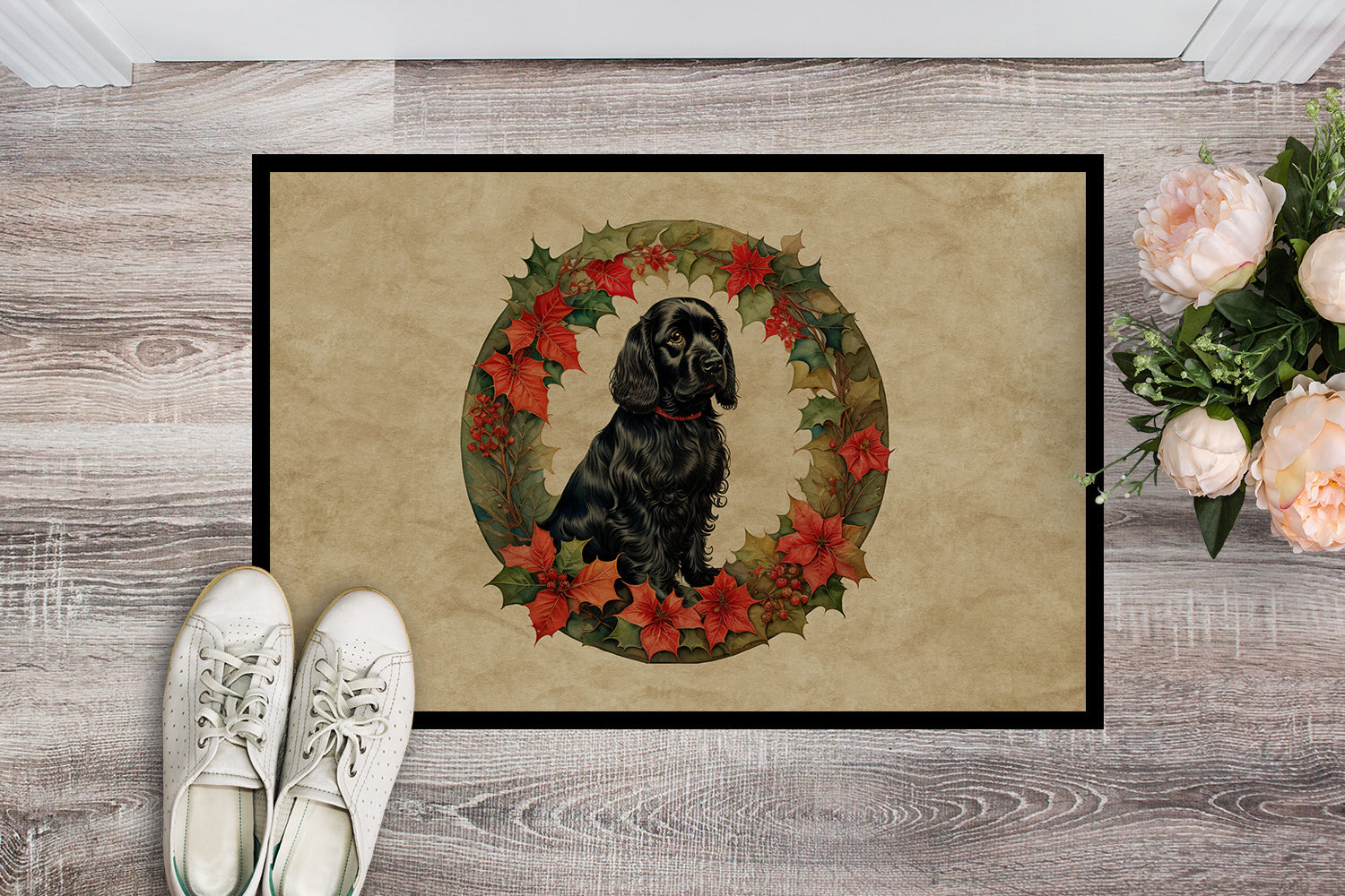 Cocker Spaniel Christmas Flowers Doormat Indoor Outdoor 24H X 36W Front Door Mat Rugs for Entryway, Non Slip Washable Low Pile,