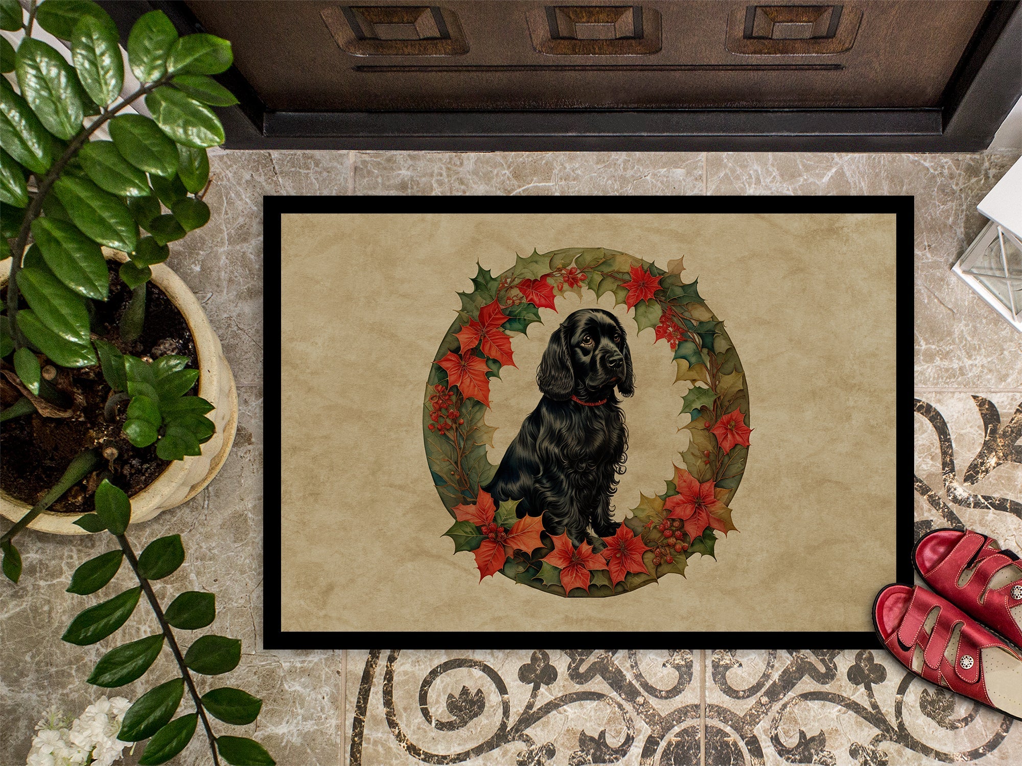 Cocker Spaniel Christmas Flowers Doormat Indoor Outdoor 24H X 36W Front Door Mat Rugs for Entryway, Non Slip Washable Low Pile,