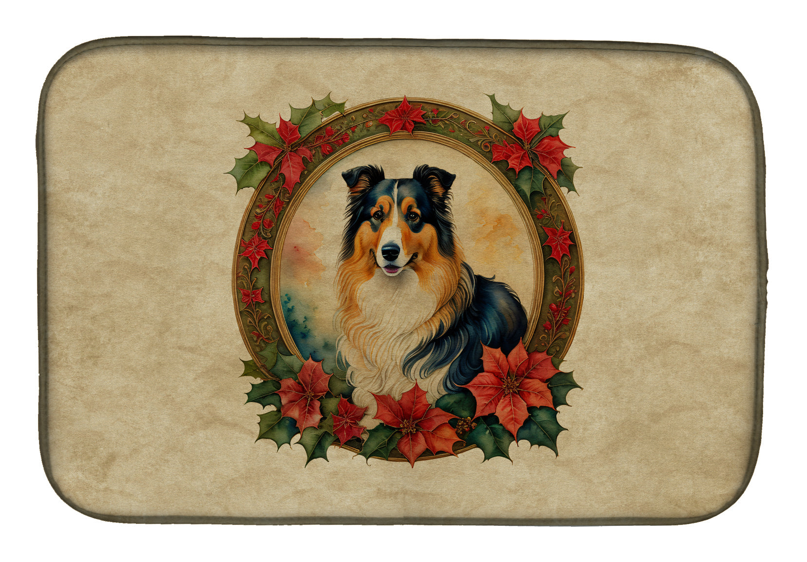 Collie Christmas Flowers Dish Drying Mat Absorbent Dish Drying Mat Pad for Kitchen Counter Dish Drainer Mat for Countertop, 14 x 21", Multicolor