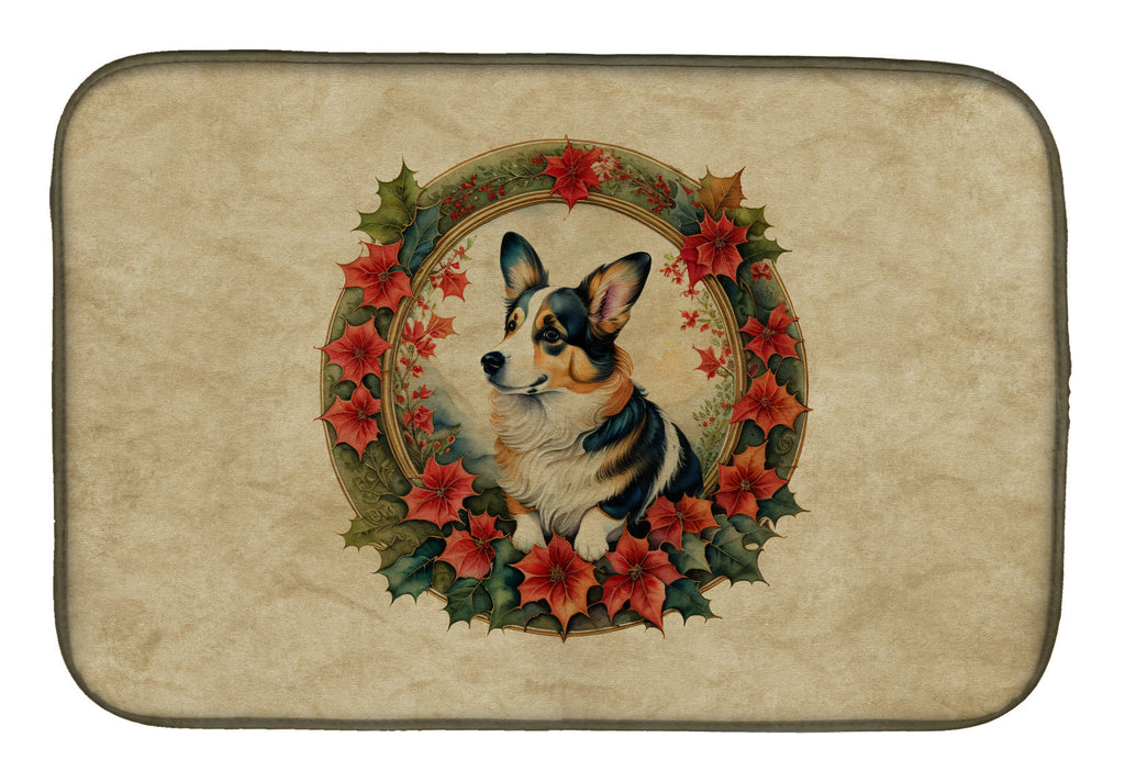 Corgi Christmas Flowers Dish Drying Mat Absorbent Dish Drying Mat Pad for Kitchen Counter Dish Drainer Mat for Countertop, 14 x 21", Multicolor