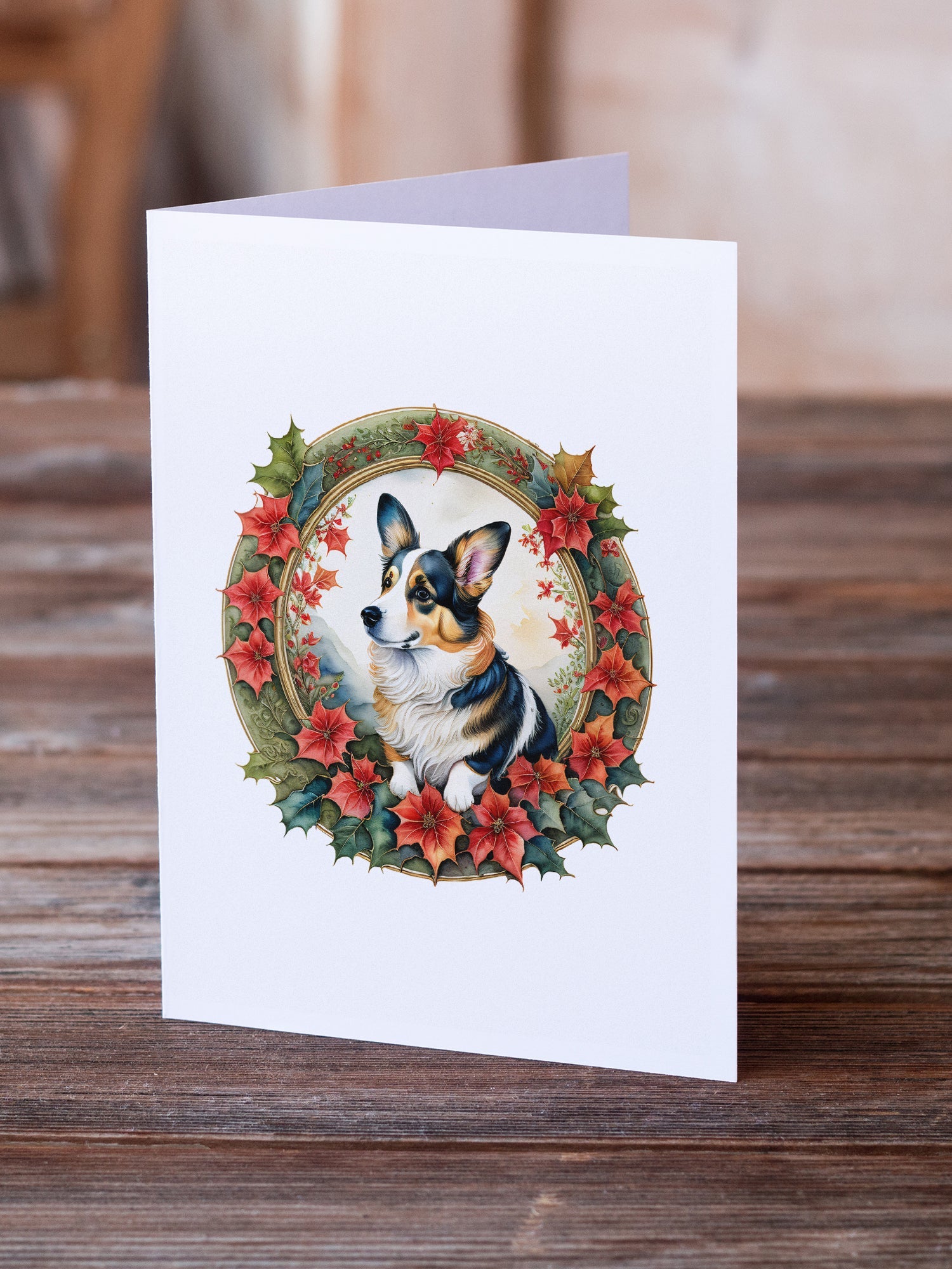 Corgi Christmas Flowers Greeting Cards Pack of 8 Blank Cards with Envelopes Whimsical A7 Size 5x7