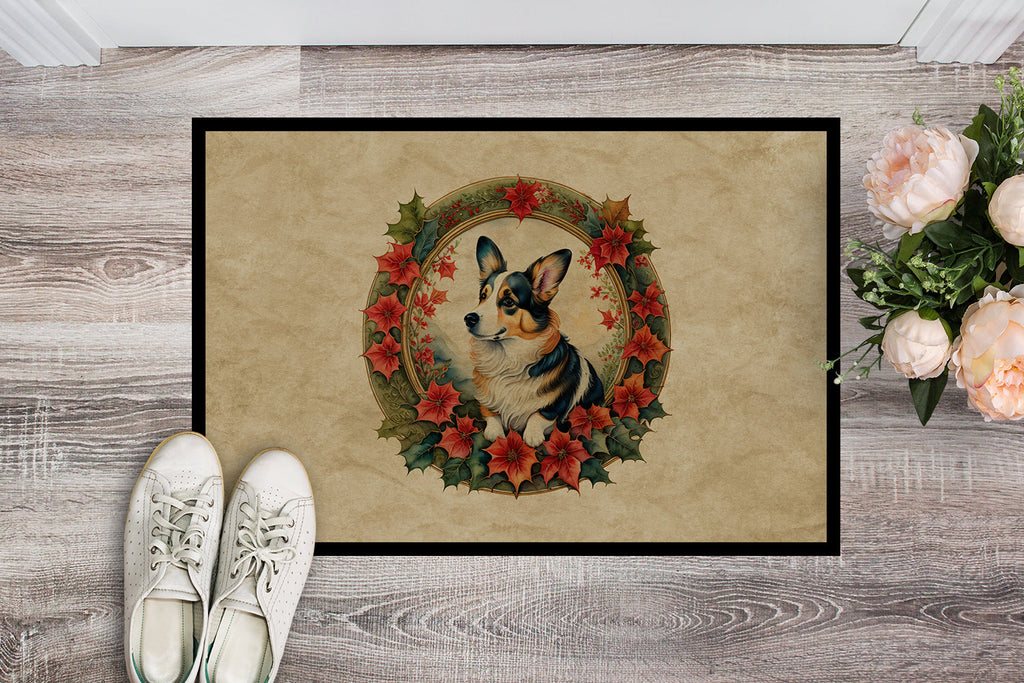 Corgi Christmas Flowers Doormat Indoor Outdoor 24H X 36W Front Door Mat Rugs for Entryway, Non Slip Washable Low Pile,