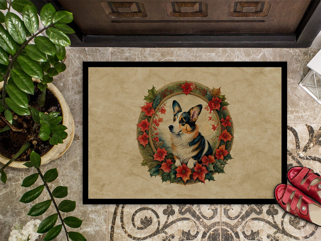 Corgi Christmas Flowers Doormat Indoor Outdoor 18H X 27W Front Door Mat Rugs for Entryway, Non Slip Washable