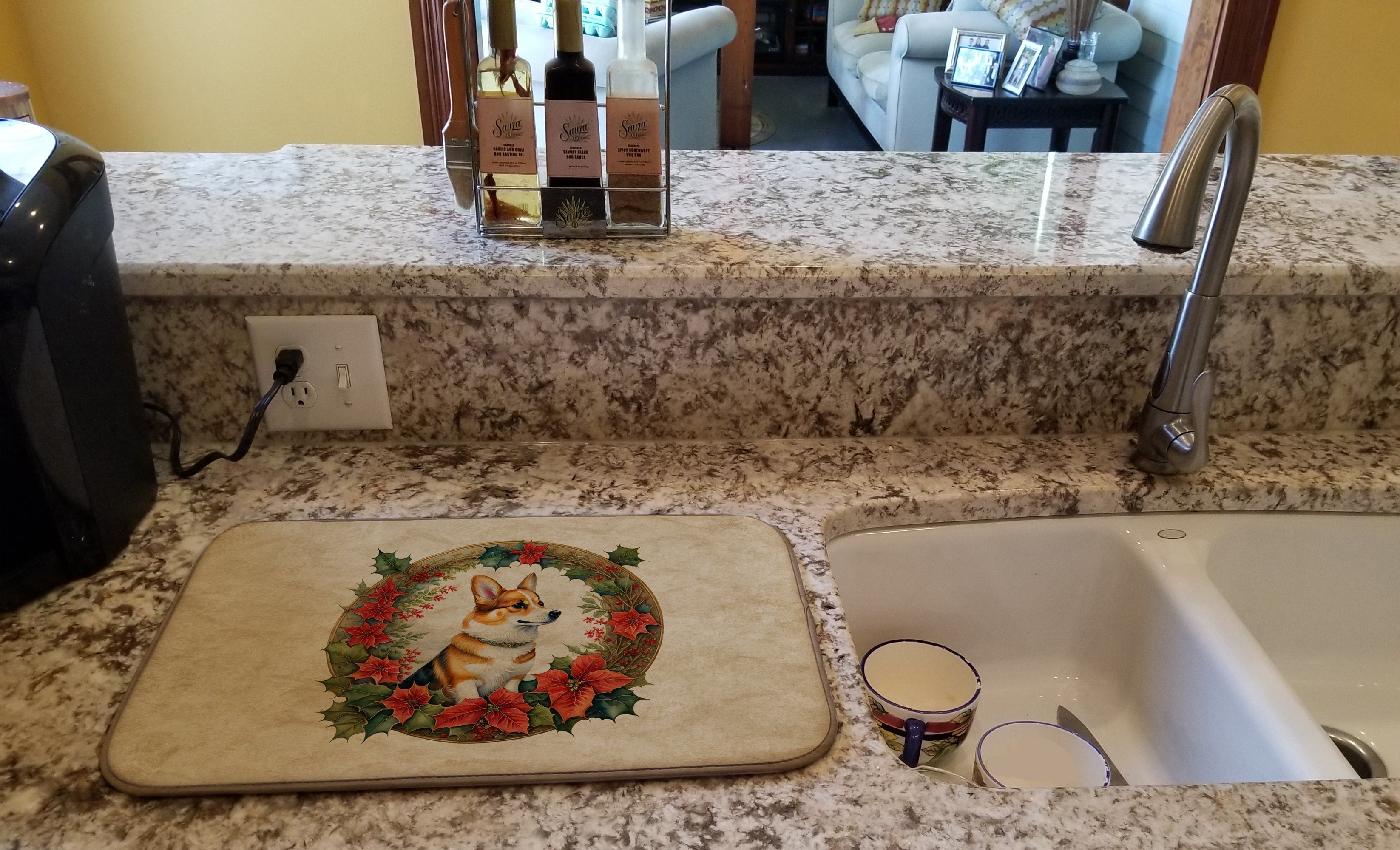 Corgi Christmas Flowers Dish Drying Mat Absorbent Dish Drying Mat Pad for Kitchen Counter Dish Drainer Mat for Countertop, 14 x 21", Multicolor