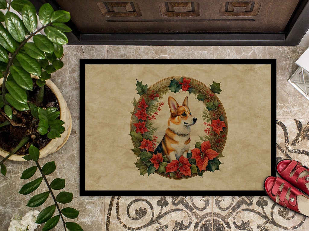 Corgi Christmas Flowers Doormat Indoor Outdoor 24H X 36W Front Door Mat Rugs for Entryway, Non Slip Washable Low Pile,
