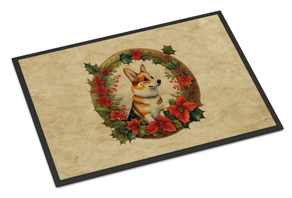 Corgi Christmas Flowers Doormat Indoor Outdoor 18H X 27W Front Door Mat Rugs for Entryway, Non Slip Washable