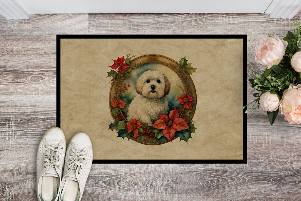 Coton De Tulear Christmas Flowers Doormat Indoor Outdoor 24H X 36W Front Door Mat Rugs for Entryway, Non Slip Washable Low Pile,