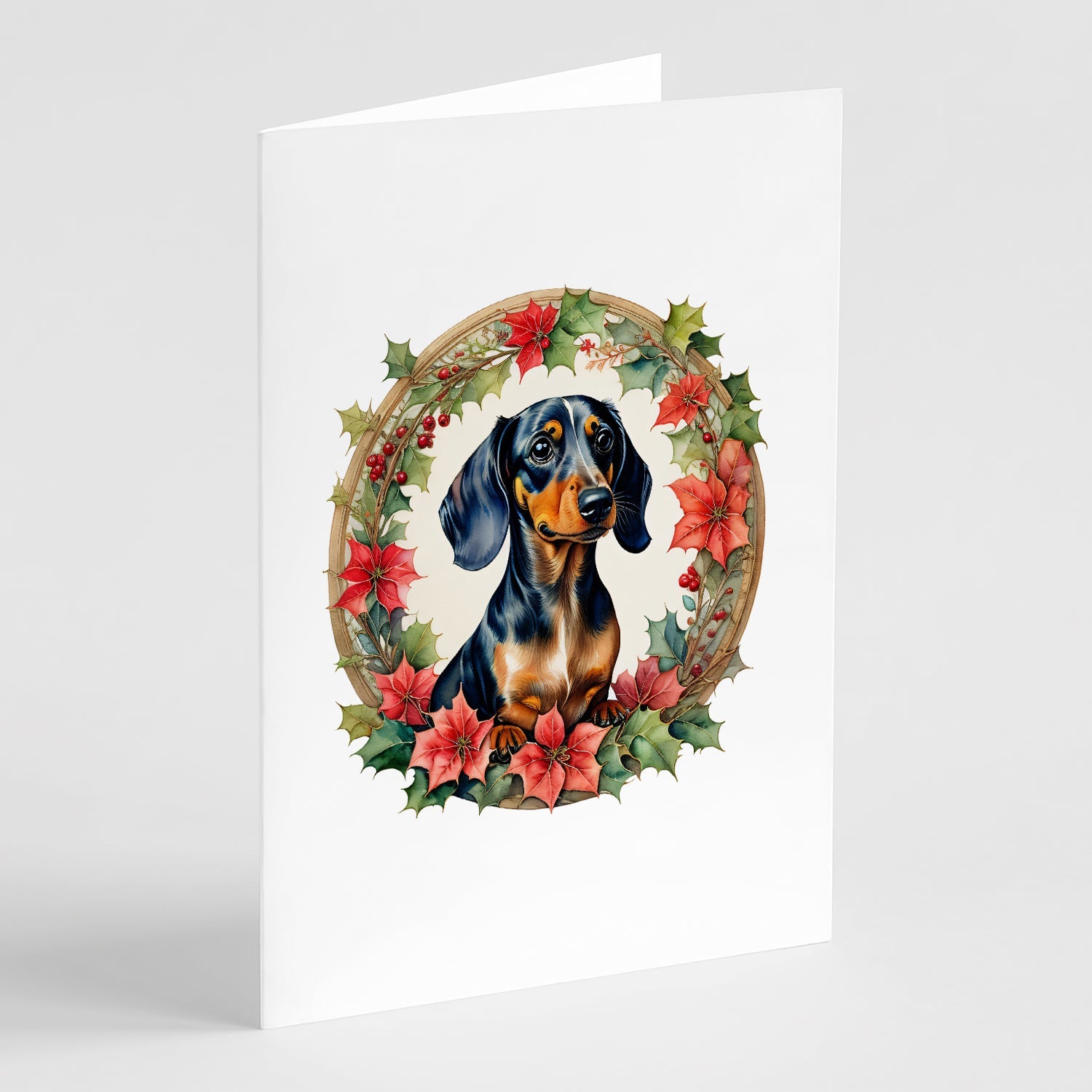 Dachshund Christmas Flowers Greeting Cards Pack of 8 Blank Cards with Envelopes Whimsical A7 Size 5x7