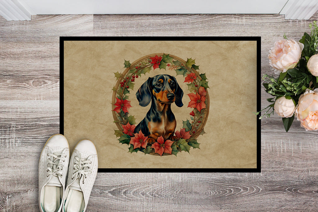 Dachshund Christmas Flowers Doormat Indoor Outdoor 18H X 27W Front Door Mat Rugs for Entryway, Non Slip Washable