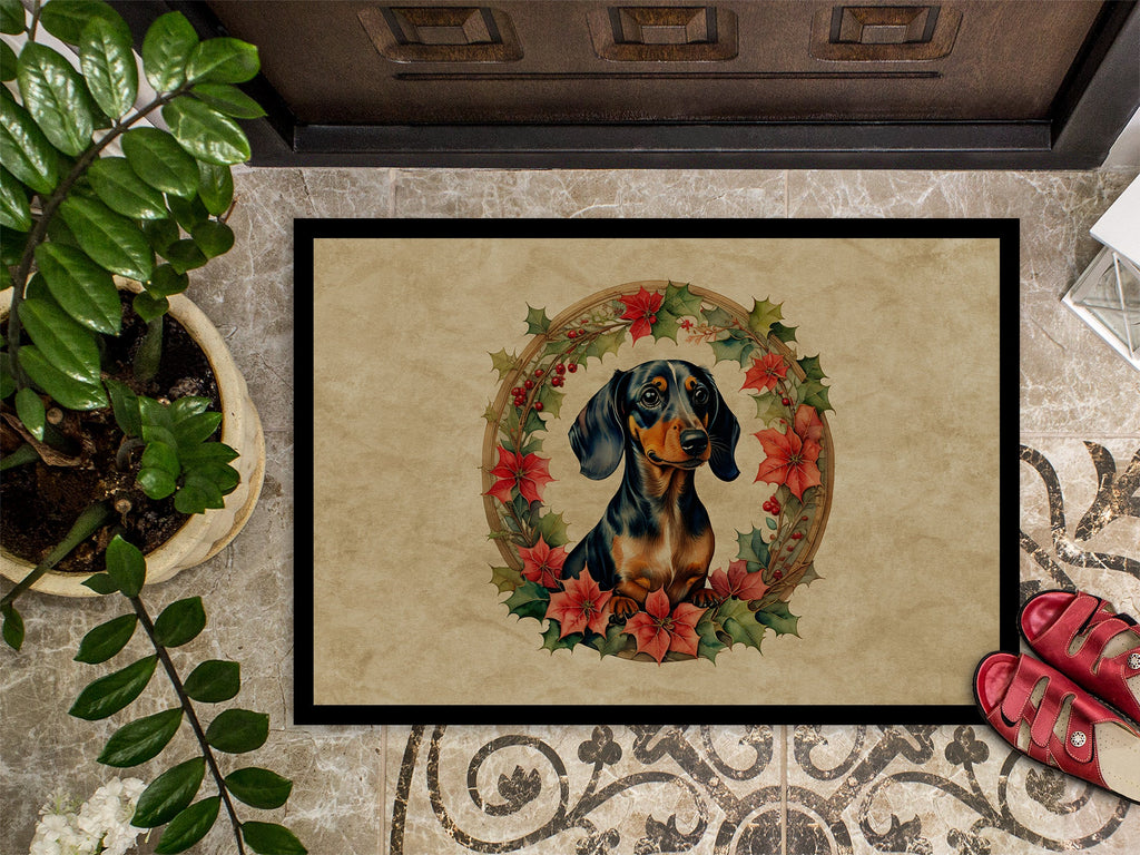 Dachshund Christmas Flowers Doormat Indoor Outdoor 18H X 27W Front Door Mat Rugs for Entryway, Non Slip Washable
