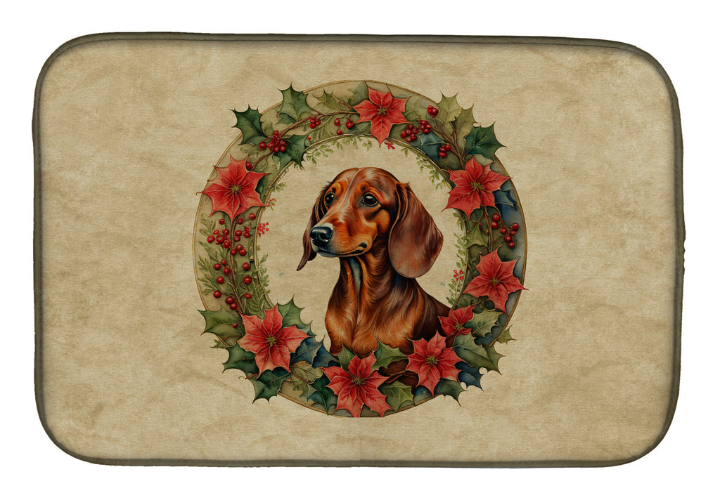 Dachshund Christmas Flowers Dish Drying Mat Absorbent Dish Drying Mat Pad for Kitchen Counter Dish Drainer Mat for Countertop, 14 x 21", Multicolor