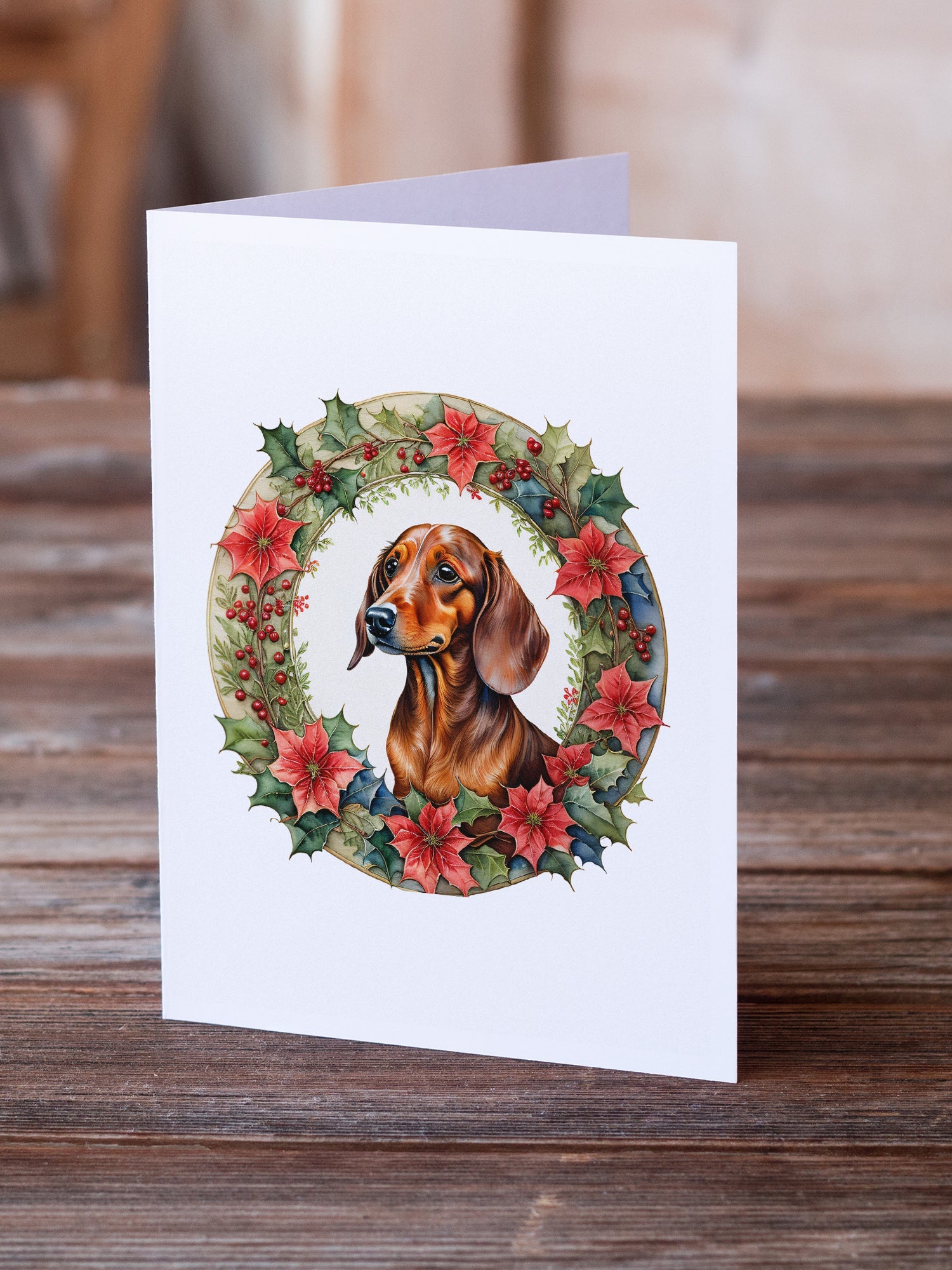 Dachshund Christmas Flowers Greeting Cards Pack of 8 Blank Cards with Envelopes Whimsical A7 Size 5x7