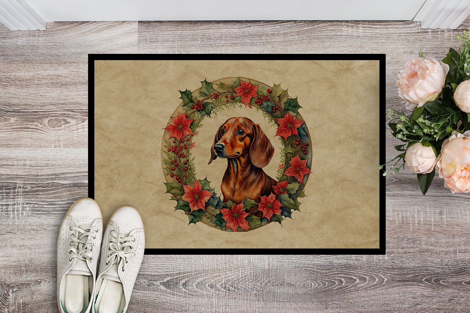 Dachshund Christmas Flowers Doormat Indoor Outdoor 18H X 27W Front Door Mat Rugs for Entryway, Non Slip Washable