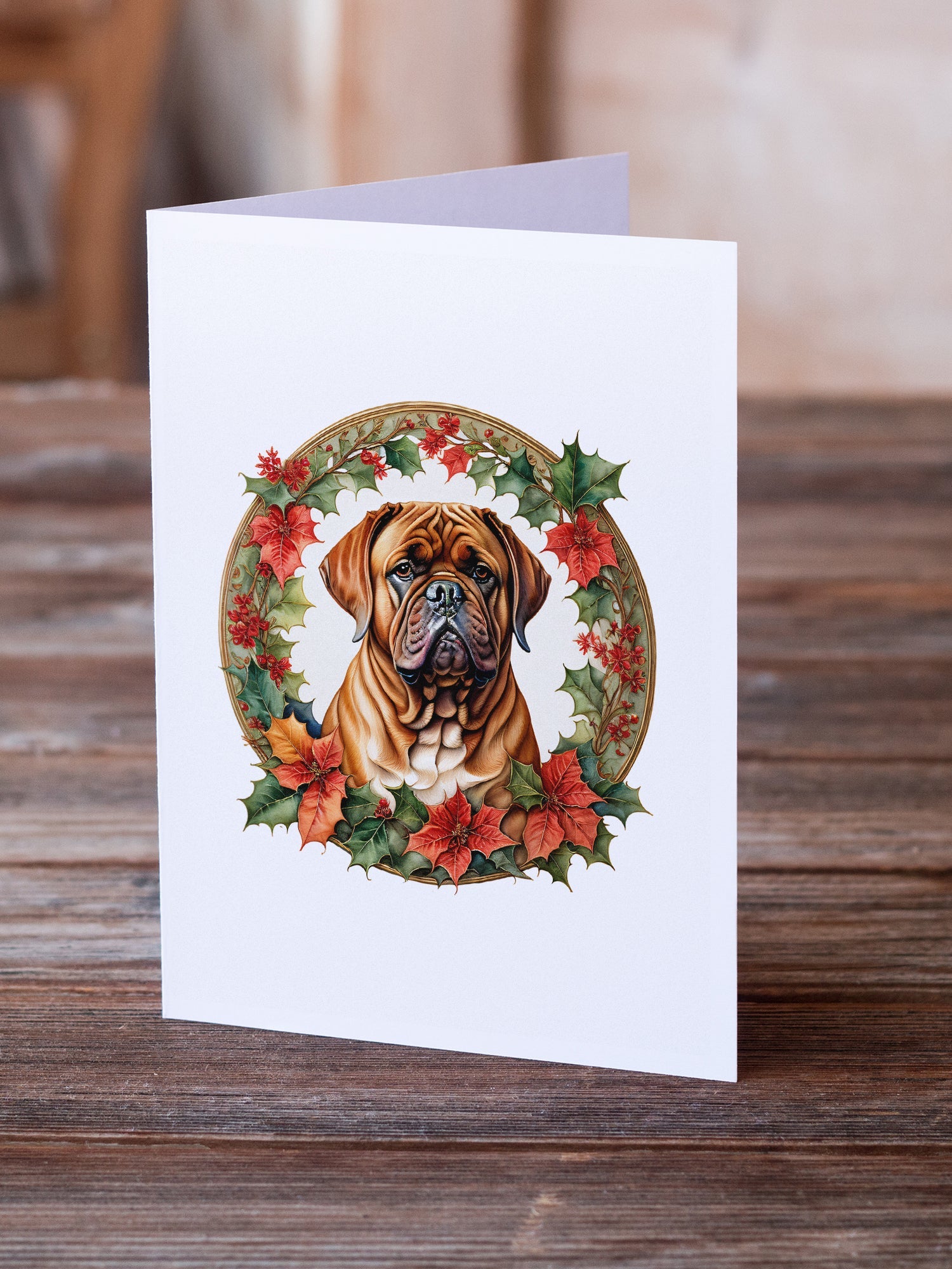 Dogue de Bordeaux Christmas Flowers Greeting Cards Pack of 8 Blank Cards with Envelopes Whimsical A7 Size 5x7