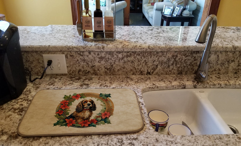 English Cocker Spaniel Christmas Flowers Dish Drying Mat Absorbent Dish Drying Mat Pad for Kitchen Counter Dish Drainer Mat for Countertop, 14 x 21", Multicolor