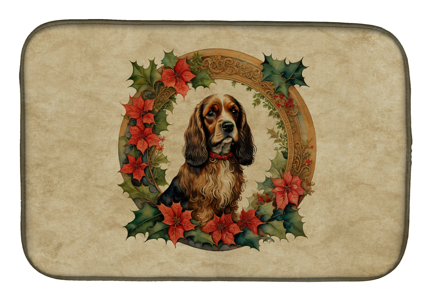 English Cocker Spaniel Christmas Flowers Dish Drying Mat Absorbent Dish Drying Mat Pad for Kitchen Counter Dish Drainer Mat for Countertop, 14 x 21", Multicolor