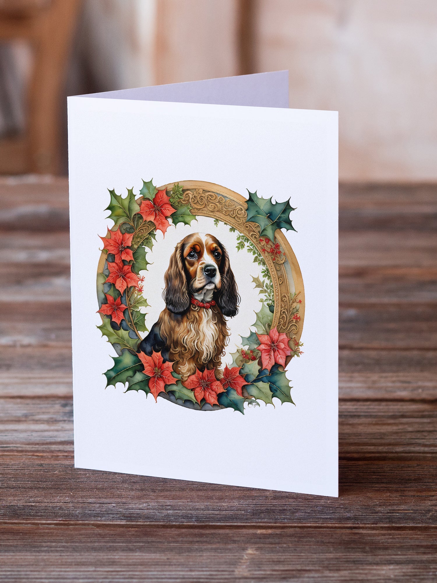 English Cocker Spaniel Christmas Flowers Greeting Cards Pack of 8 Blank Cards with Envelopes Whimsical A7 Size 5x7