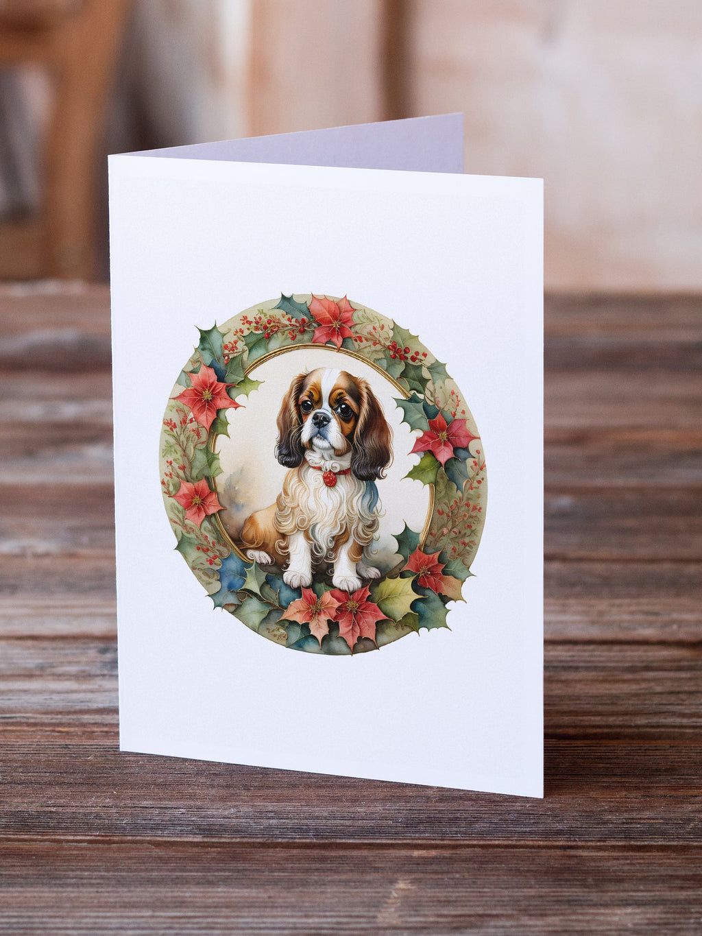 English Toy Spaniel Christmas Flowers Greeting Cards Pack of 8 Blank Cards with Envelopes Whimsical A7 Size 5x7