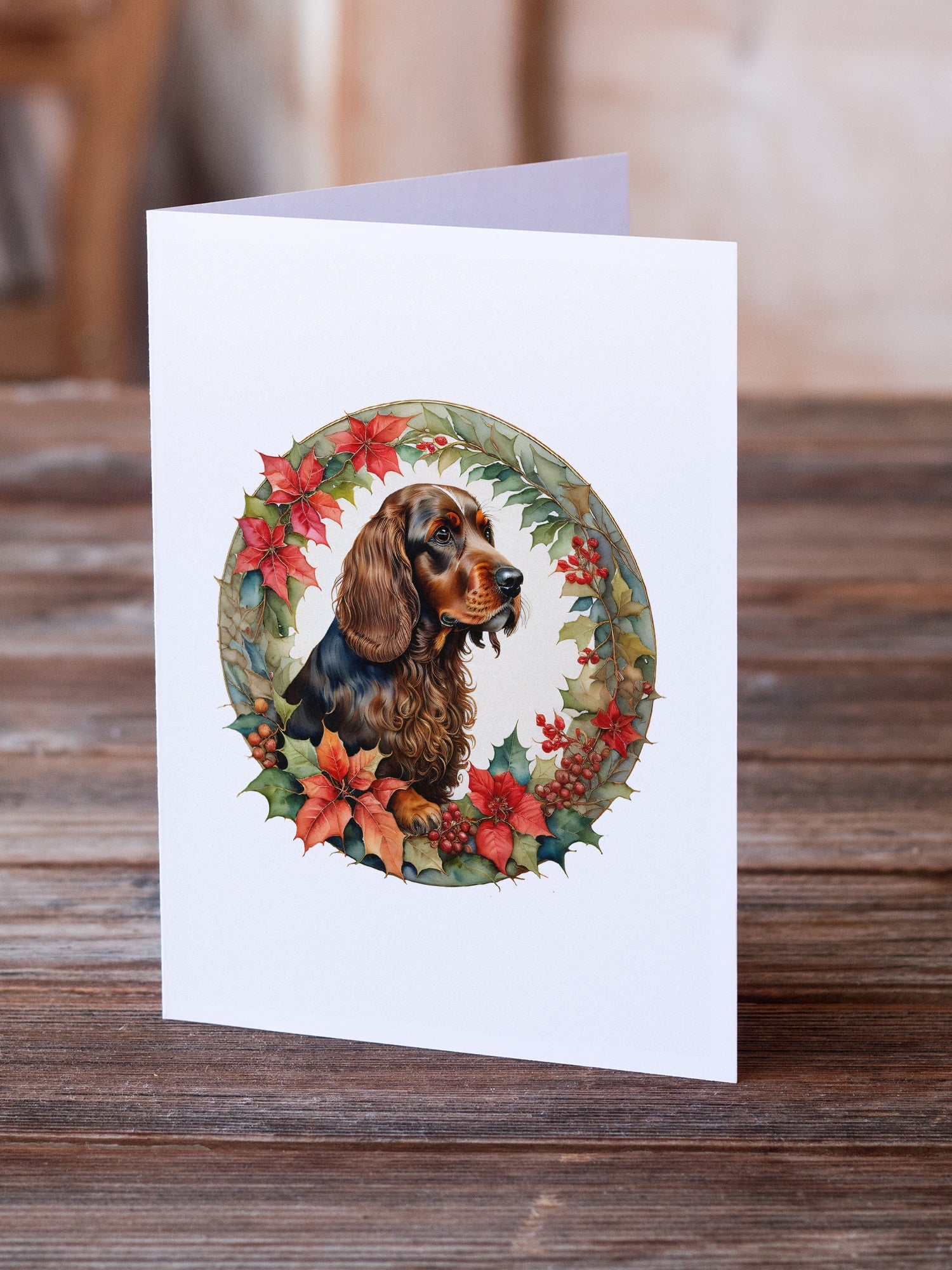 Field Spaniel Christmas Flowers Greeting Cards Pack of 8 Blank Cards with Envelopes Whimsical A7 Size 5x7