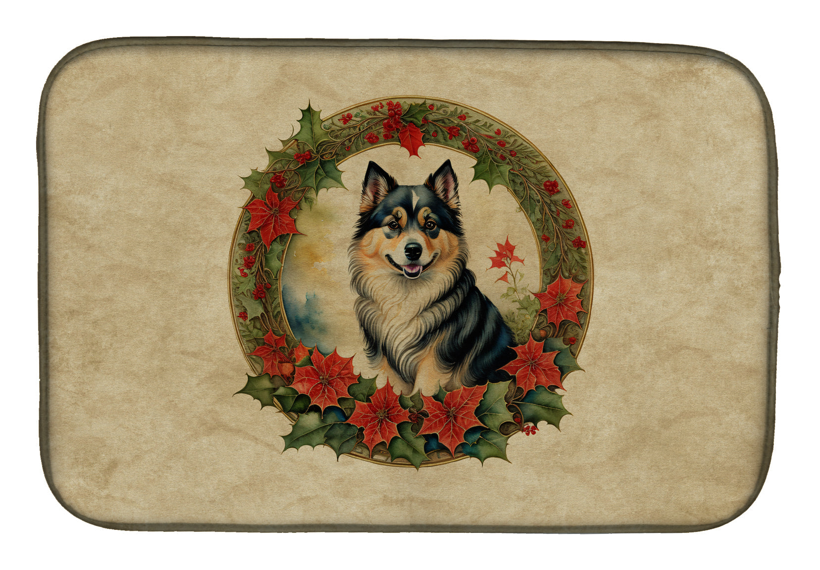 Finnish Lapphund Christmas Flowers Dish Drying Mat Absorbent Dish Drying Mat Pad for Kitchen Counter Dish Drainer Mat for Countertop, 14 x 21", Multicolor