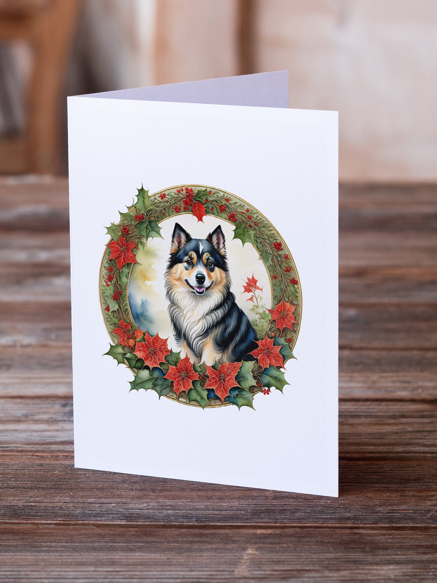 Finnish Lapphund Christmas Flowers Greeting Cards Pack of 8 Blank Cards with Envelopes Whimsical A7 Size 5x7