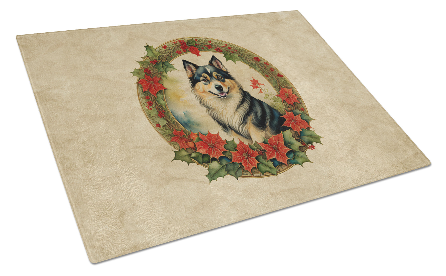 Finnish Lapphund Christmas Flowers Cutting Board Tempered Glass Kitchen Cutting Surface, Heat Resistant Chopping, Non-Slip Feet, Food Prep & Serving