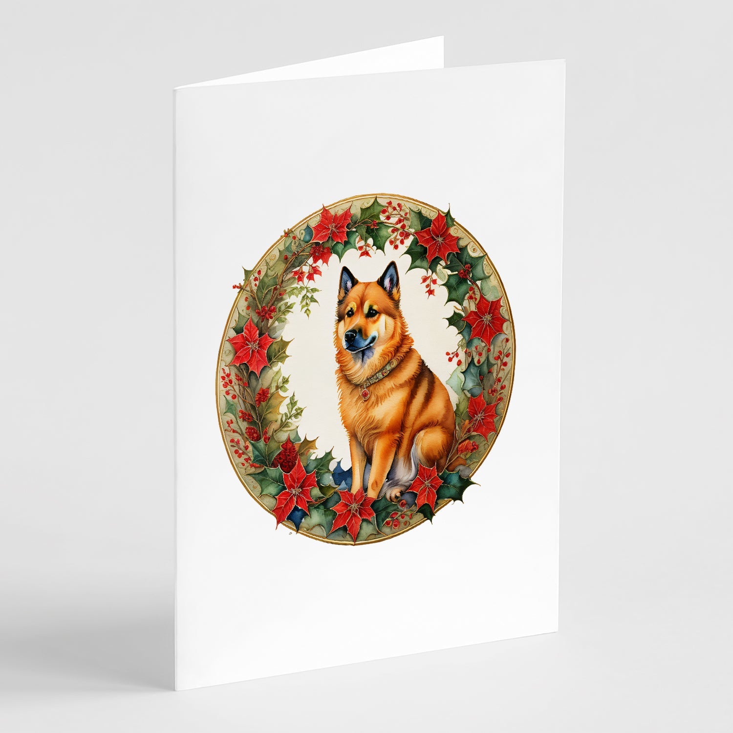Finnish Spitz Christmas Flowers Greeting Cards Pack of 8 Blank Cards with Envelopes Whimsical A7 Size 5x7