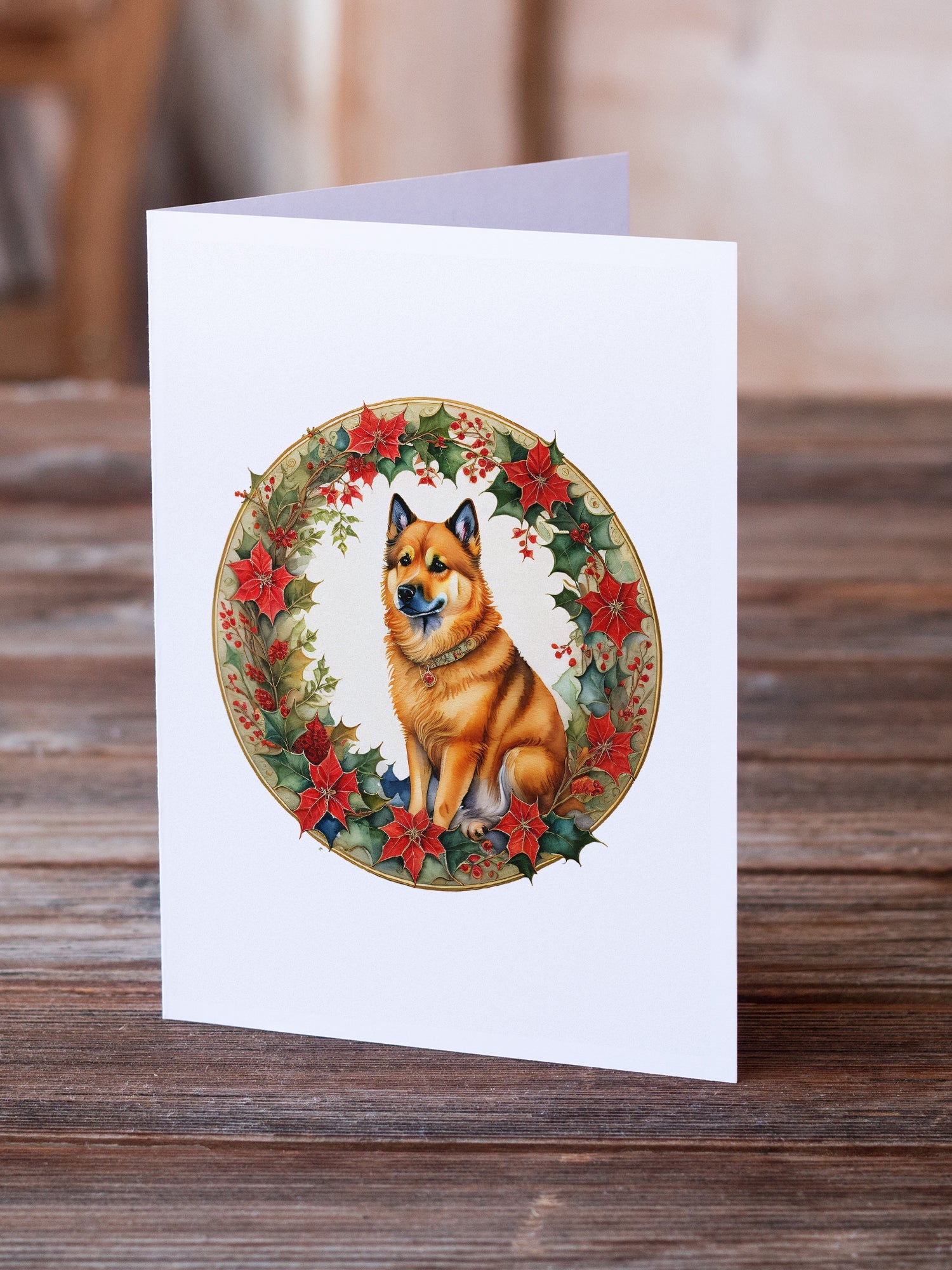 Finnish Spitz Christmas Flowers Greeting Cards Pack of 8 Blank Cards with Envelopes Whimsical A7 Size 5x7
