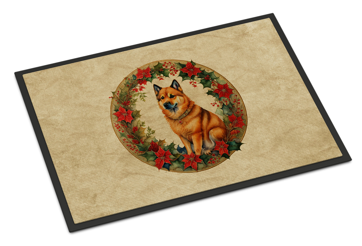 Finnish Spitz Christmas Flowers Doormat Indoor Outdoor 18H X 27W Front Door Mat Rugs for Entryway, Non Slip Washable