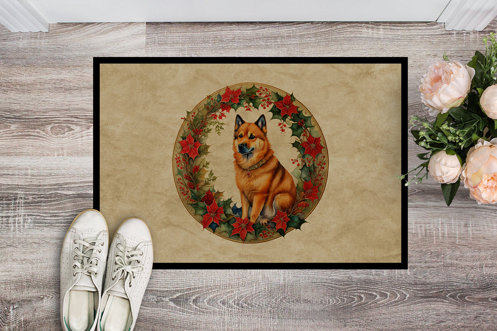 Finnish Spitz Christmas Flowers Doormat Indoor Outdoor 18H X 27W Front Door Mat Rugs for Entryway, Non Slip Washable