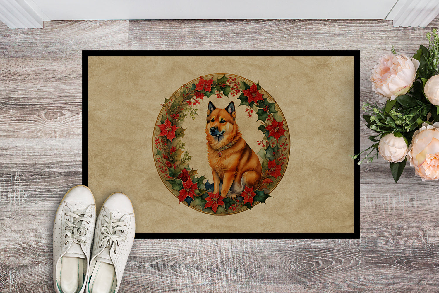 Finnish Spitz Christmas Flowers Doormat Indoor Outdoor 18H X 27W Front Door Mat Rugs for Entryway, Non Slip Washable