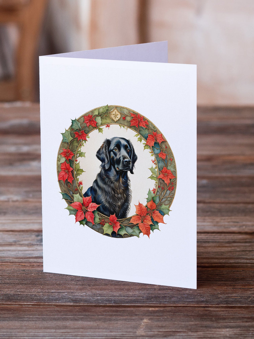 Flat-Coated Retriever Christmas Flowers Greeting Cards Pack of 8 Blank Cards with Envelopes Whimsical A7 Size 5x7