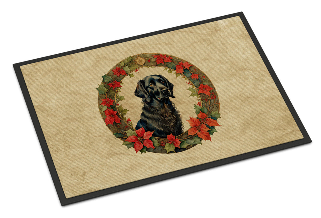 Flat-Coated Retriever Christmas Flowers Doormat Indoor Outdoor 18H X 27W Front Door Mat Rugs for Entryway, Non Slip Washable